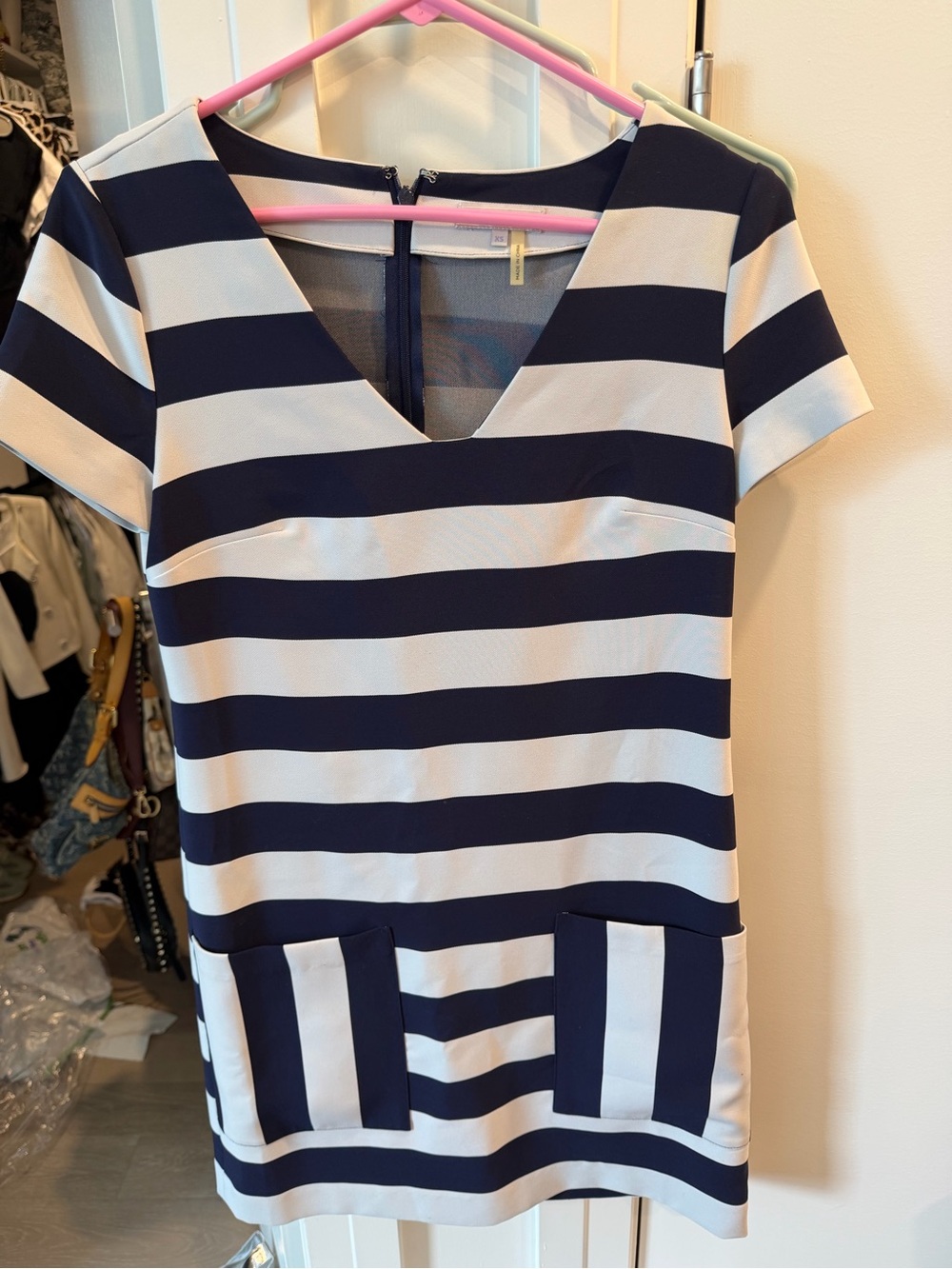 Striped Short-Sleeve Shift Dress in Navy and White